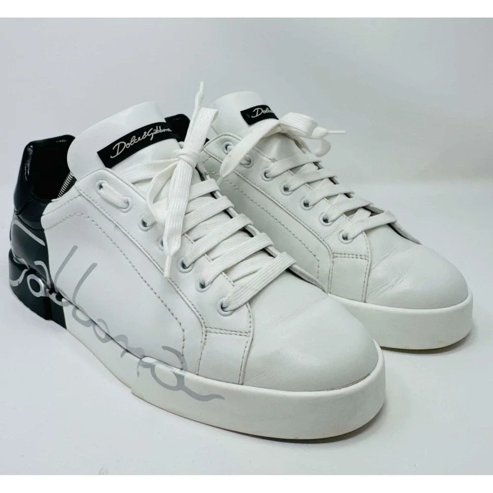 Dolce & Gabbana Portofino Logo Leather Sneakers White Black Men's 9 CS1600 Luxe